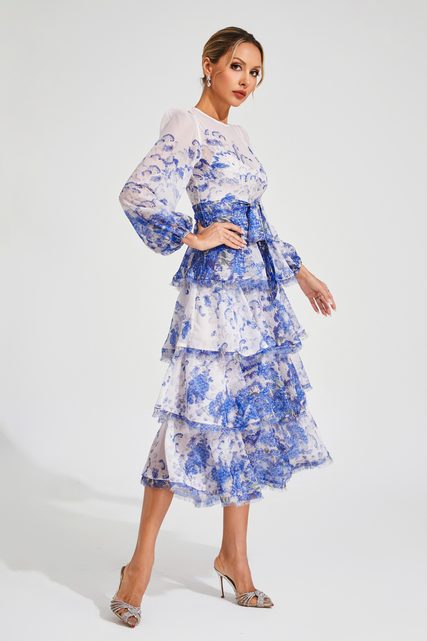 Hobbes Blue Tiered Long Sleeve Dress