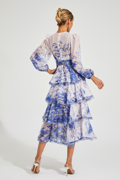 Hobbes Blue Tiered Long Sleeve Dress