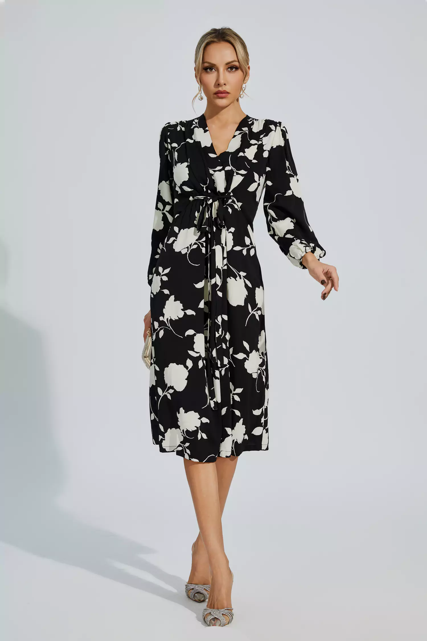 Hamilton Black Floral Girded Midi Dress