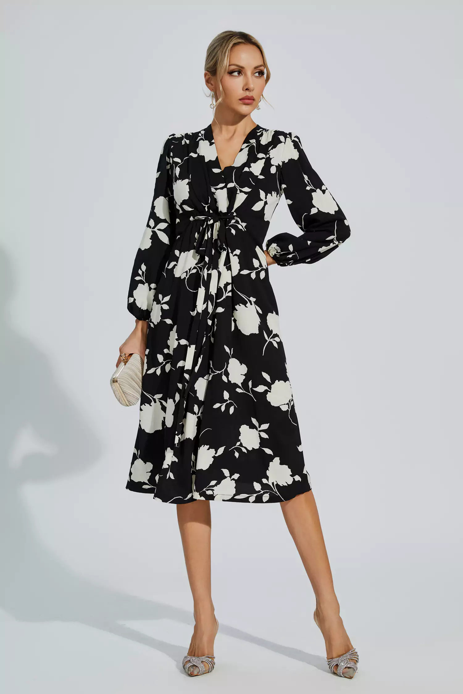 Hamilton Black Floral Girded Midi Dress