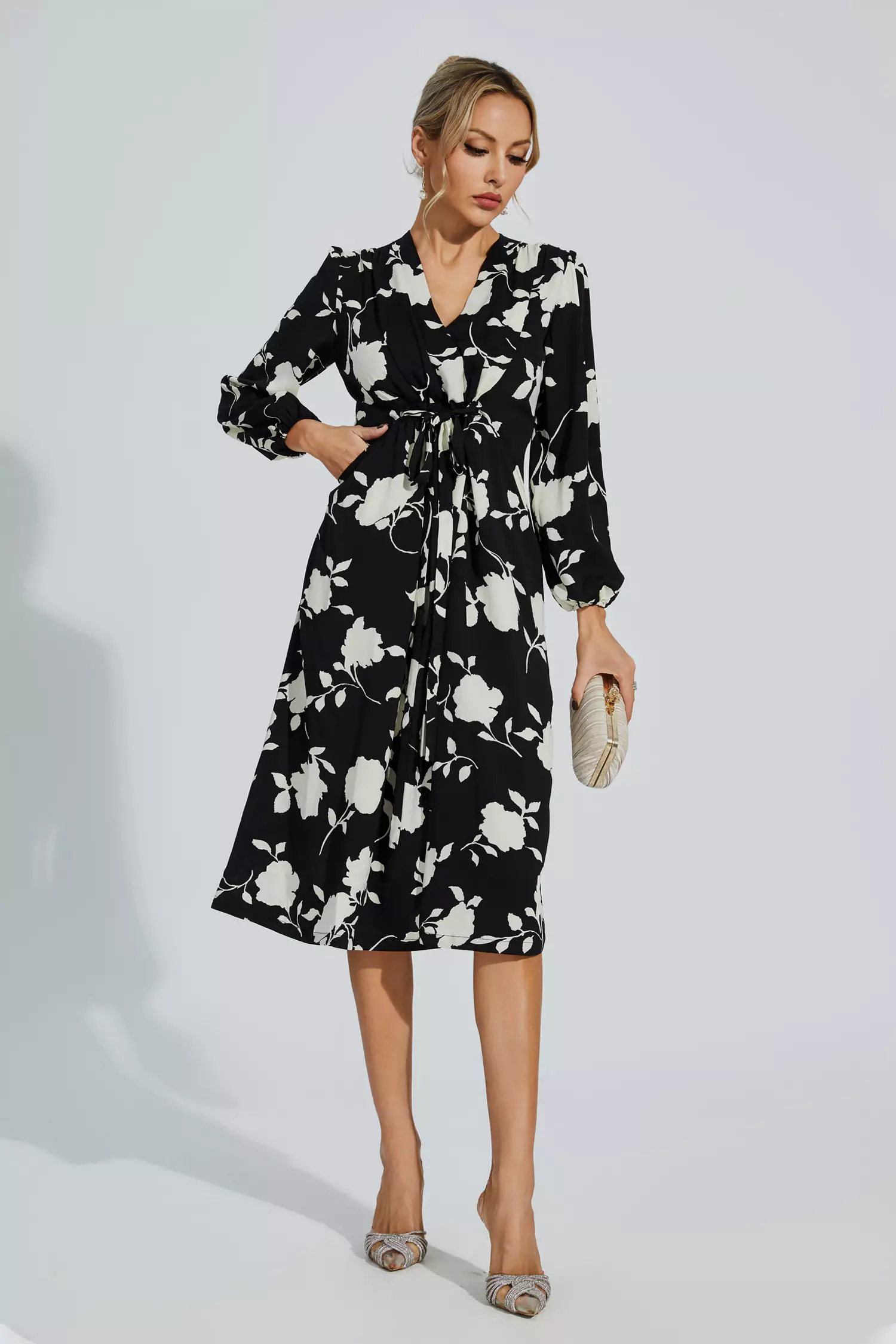 Hamilton Black Floral Girded Midi Dress