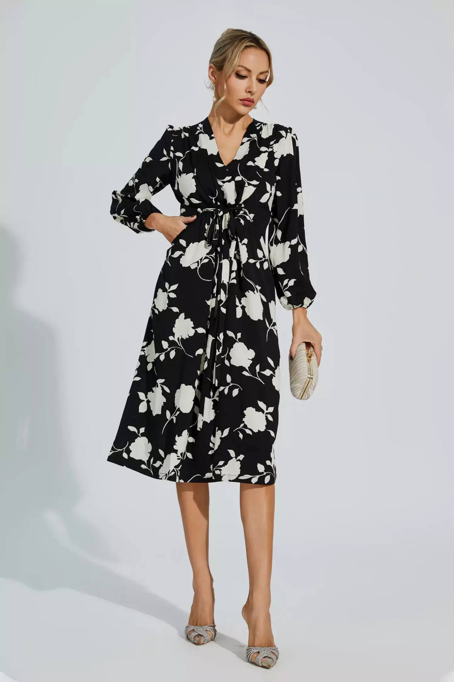 Hamilton Black Floral Girded Midi Dress