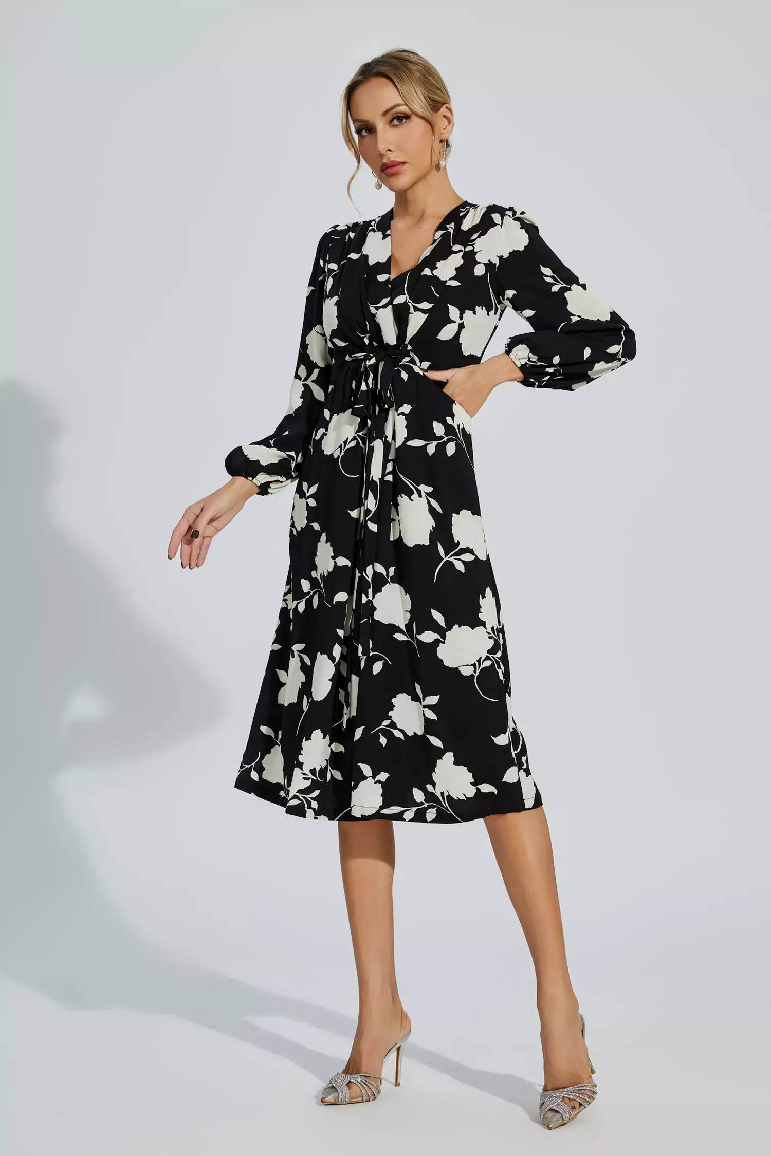 Hamilton Black Floral Girded Midi Dress