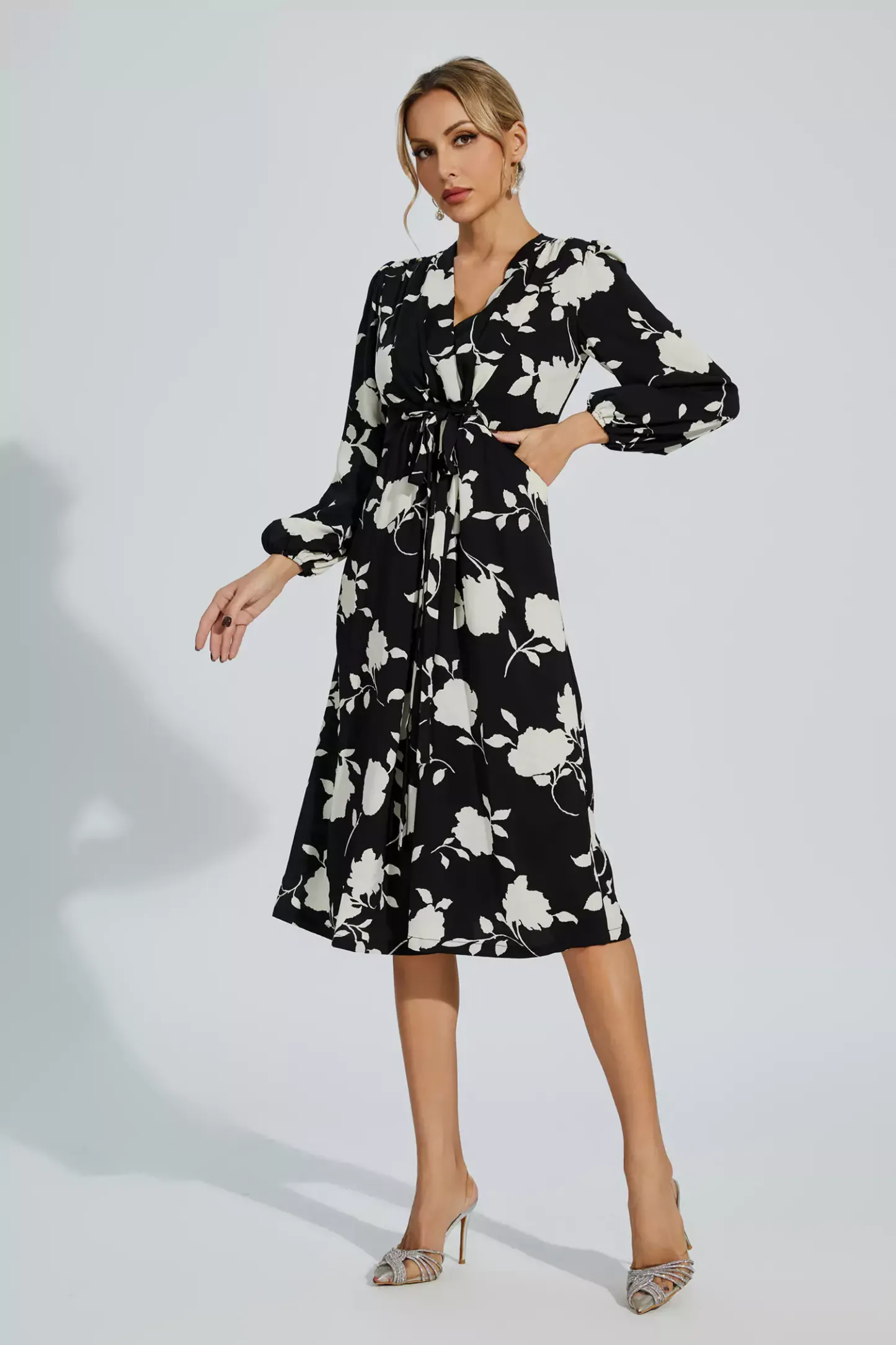 Hamilton Black Floral Girded Midi Dress