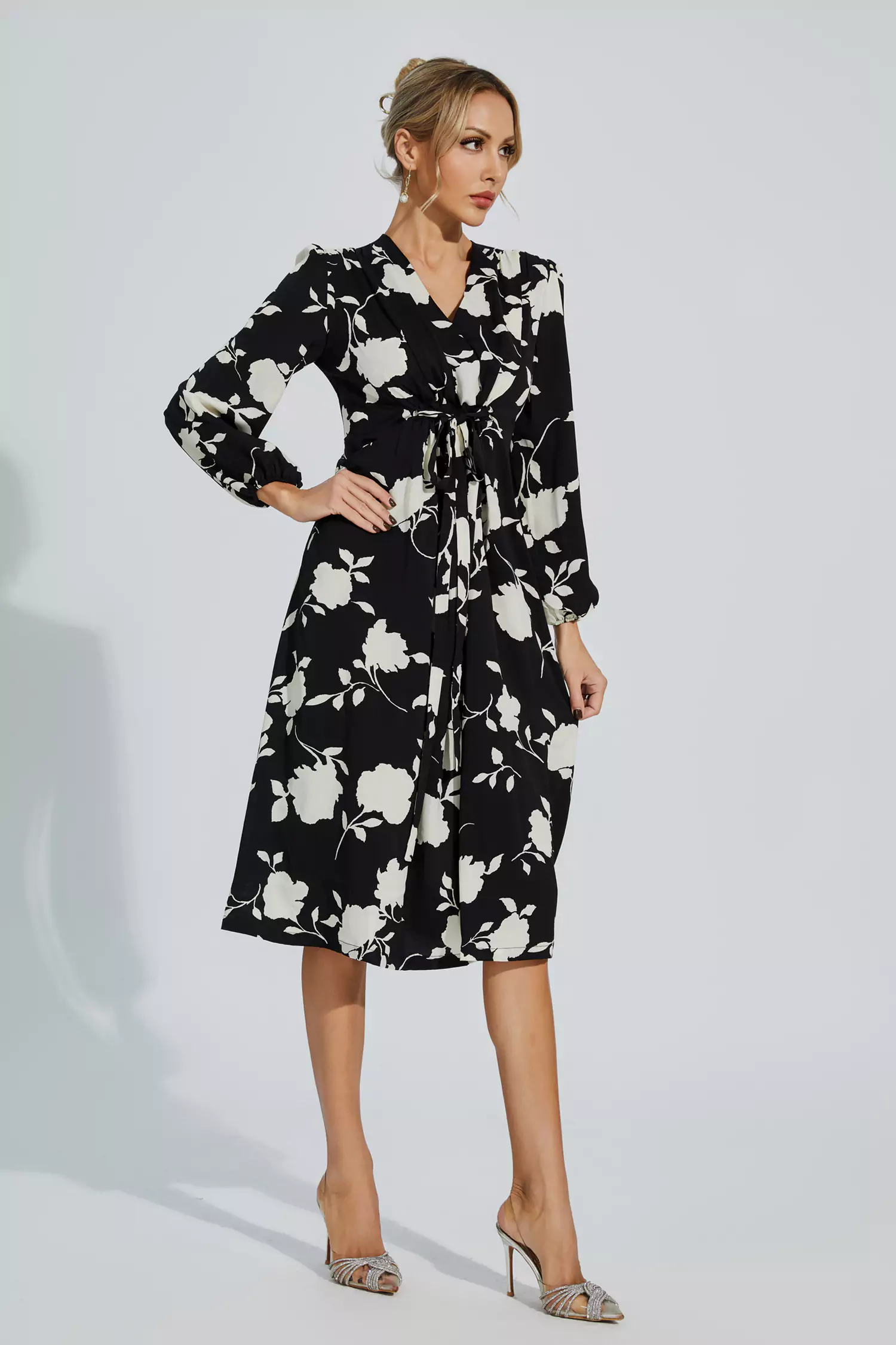 Hamilton Black Floral Girded Midi Dress