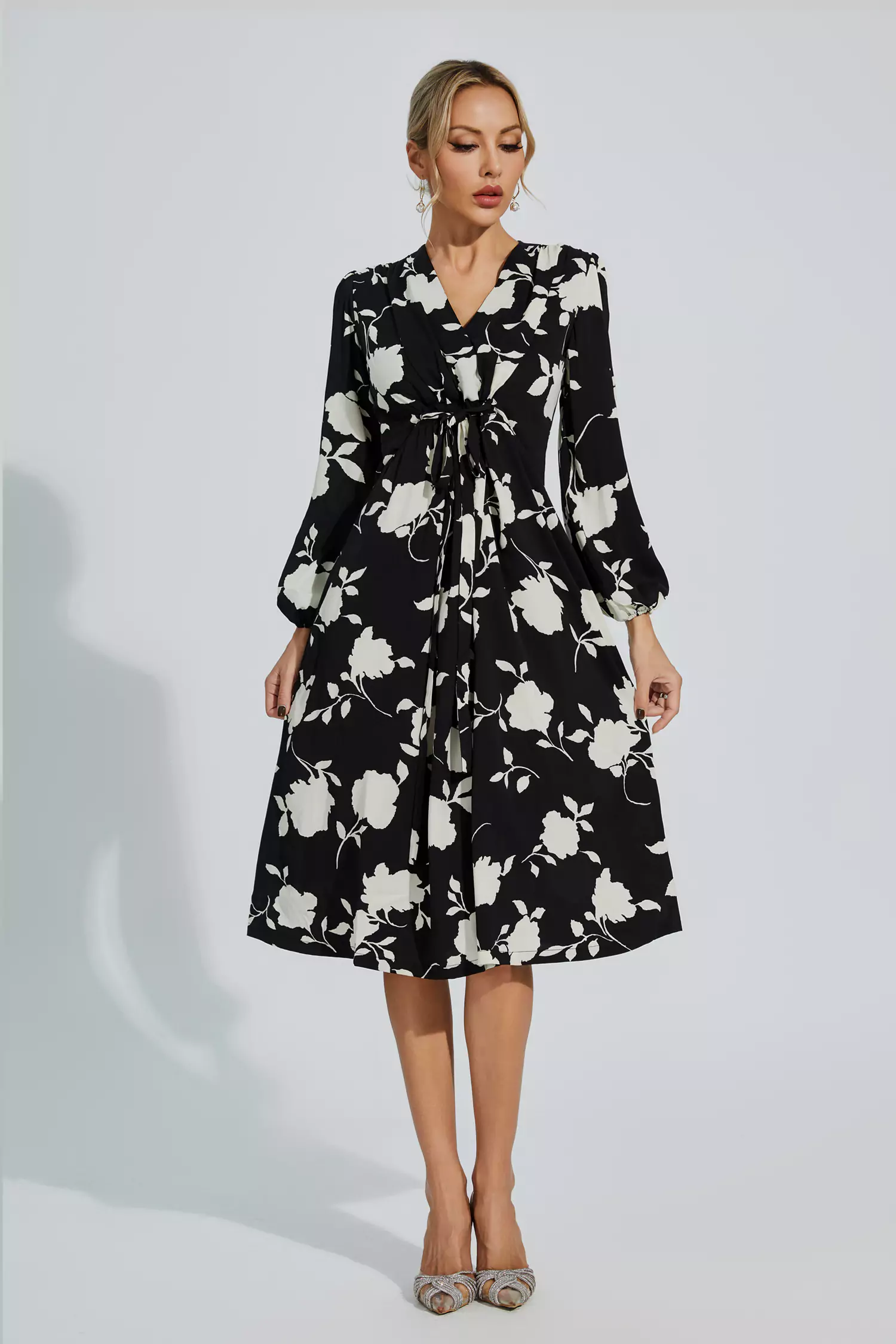 Hamilton Black Floral Girded Midi Dress