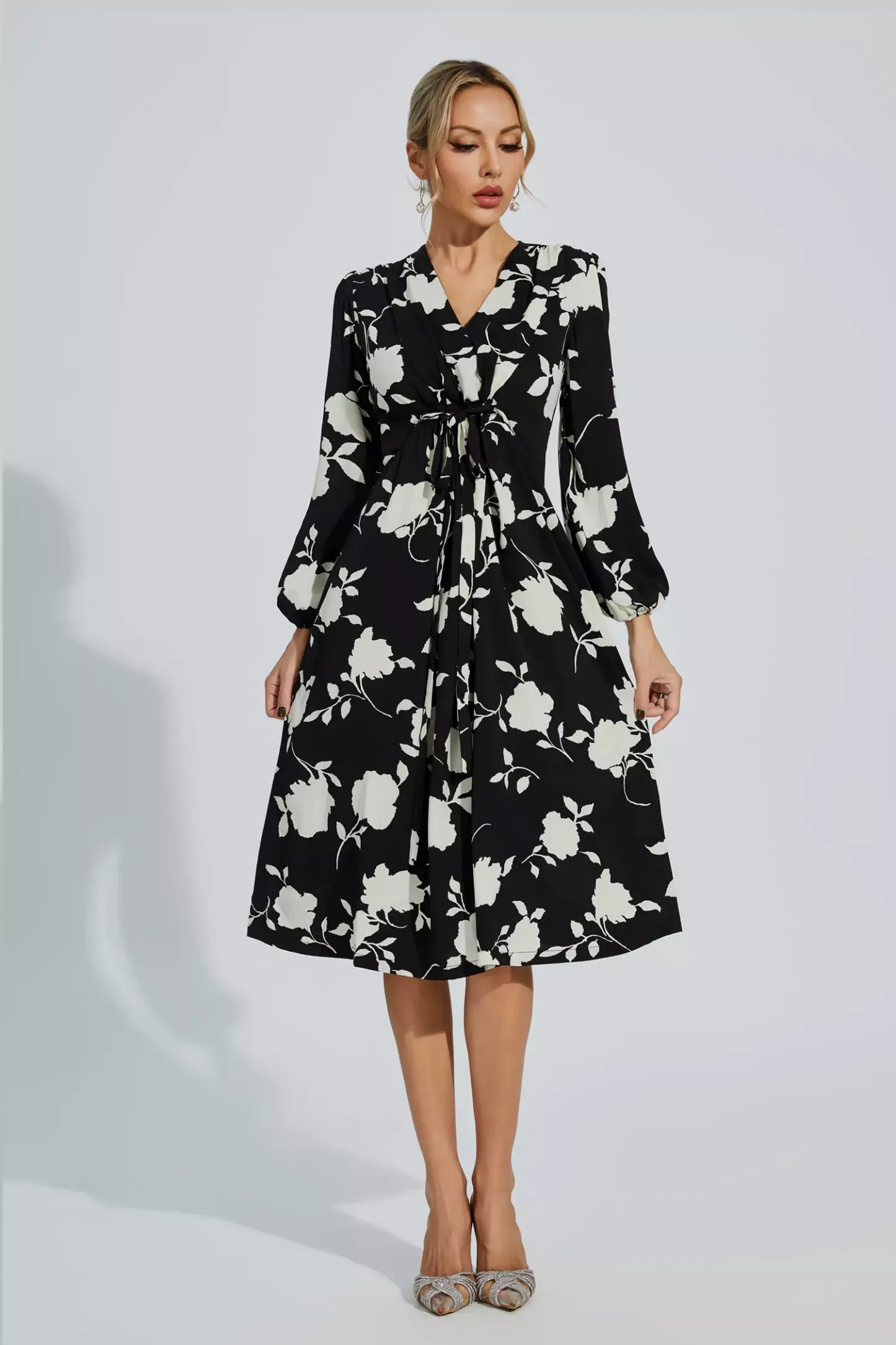 Hamilton Black Floral Girded Midi Dress