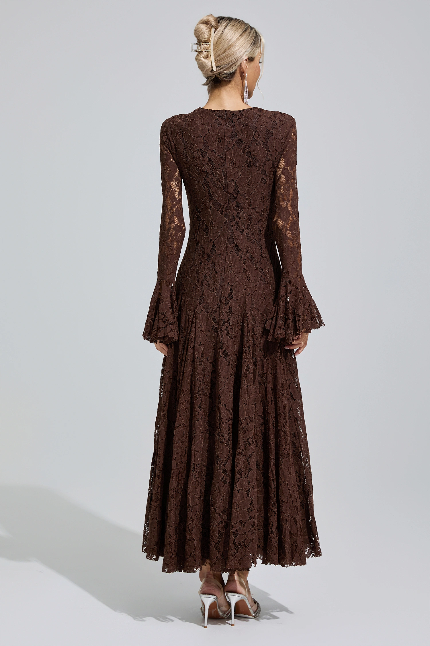 Elion Brown Bell Sleeve Lace Dress