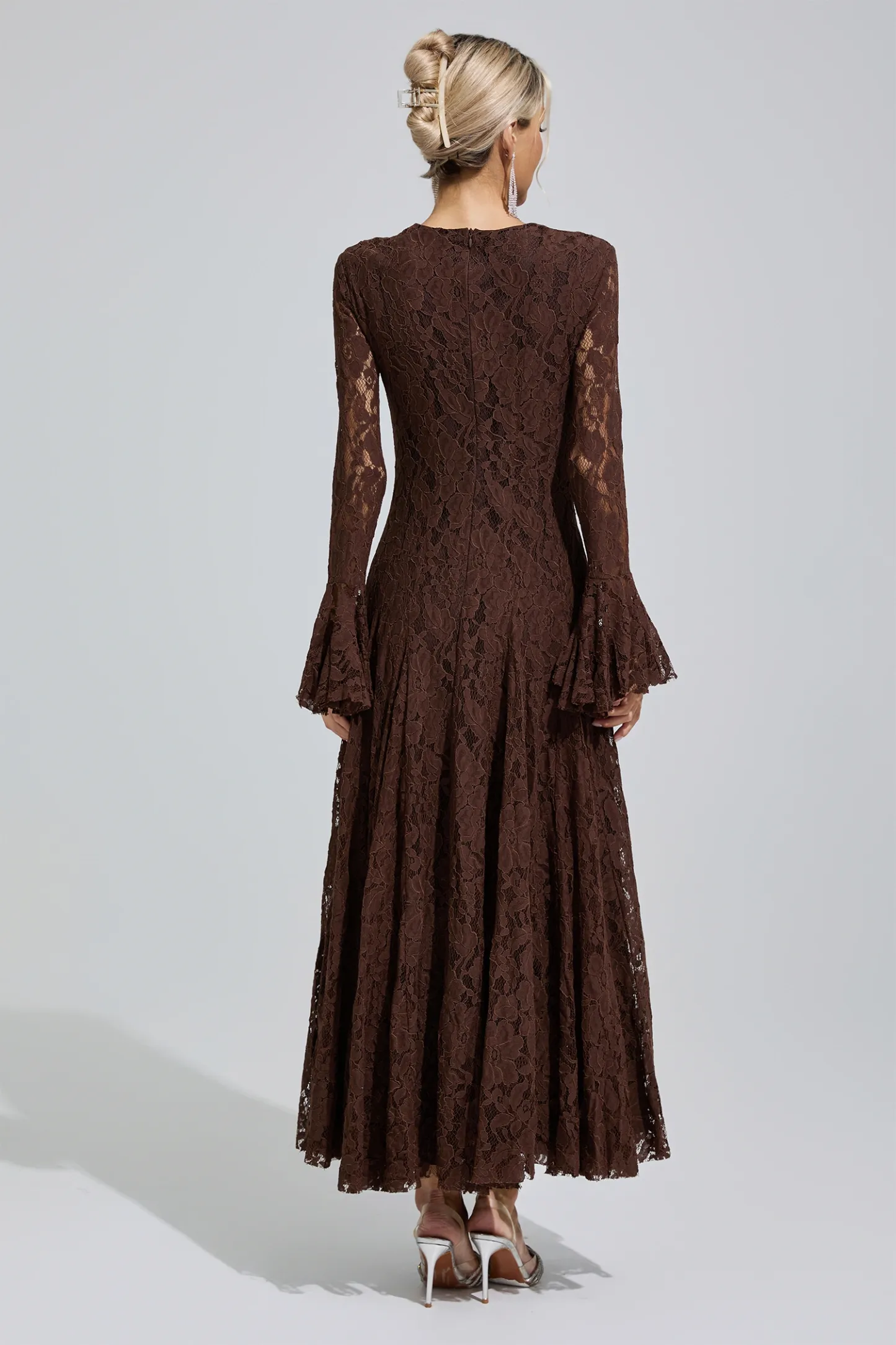 Elion Brown Bell Sleeve Lace Dress