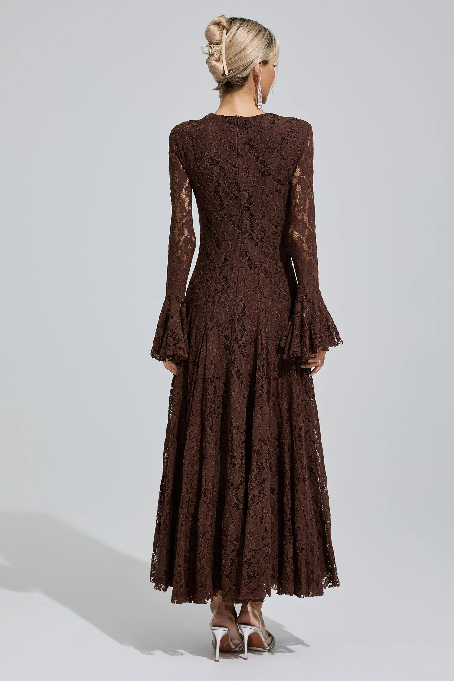 Elion Brown Bell Sleeve Lace Dress