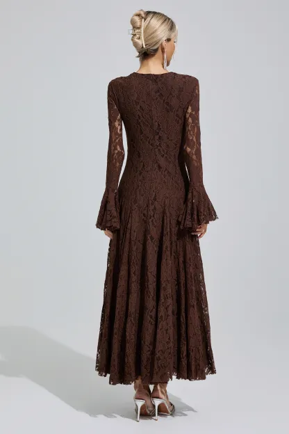 Elion Brown Bell Sleeve Lace Dress