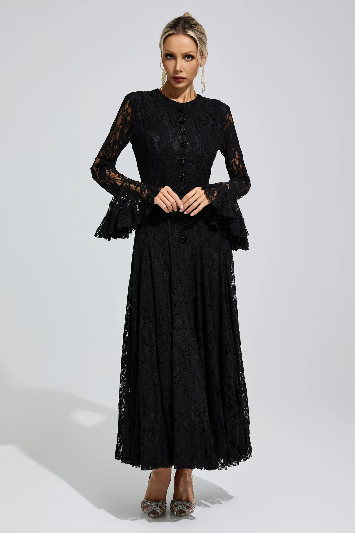 Elion Black Bell Sleeve Lace Dress