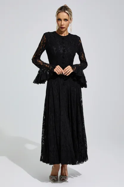 Elion Black Bell Sleeve Lace Dress