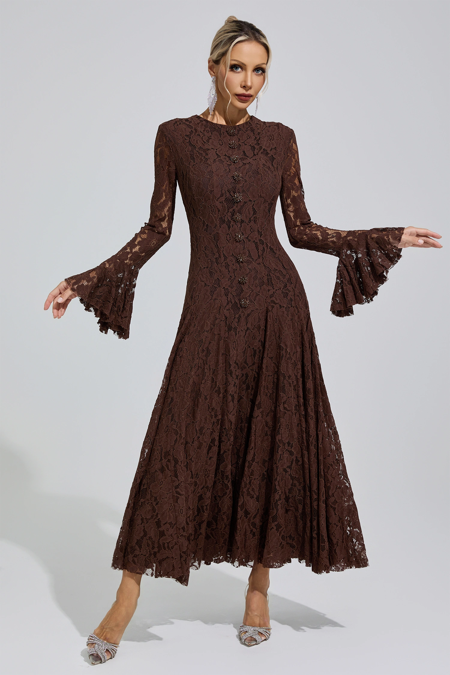 Elion Brown Bell Sleeve Lace Dress
