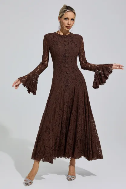 Elion Brown Bell Sleeve Lace Dress
