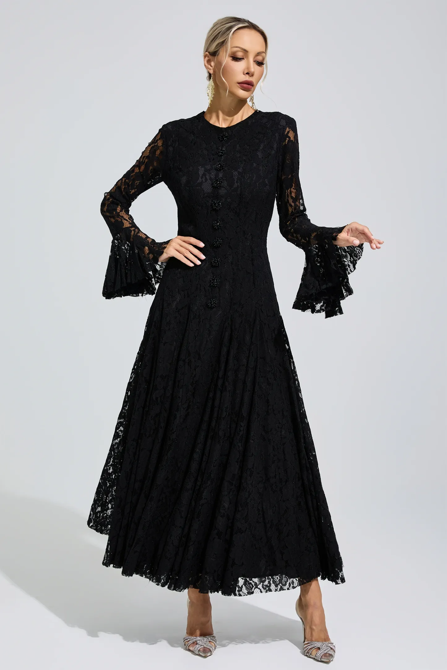 Elion Black Bell Sleeve Lace Dress