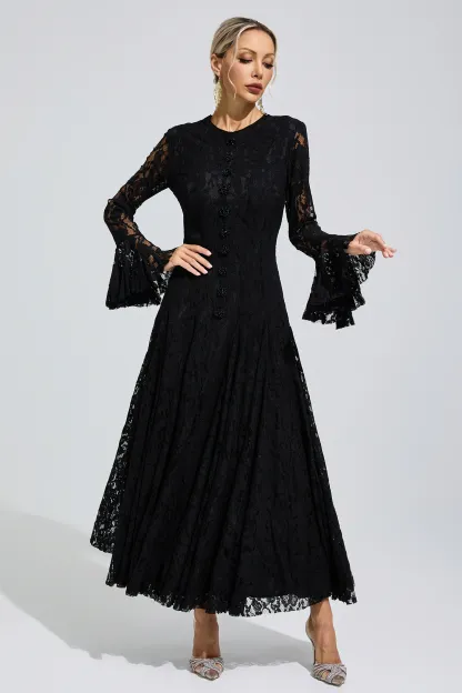 Elion Black Bell Sleeve Lace Dress