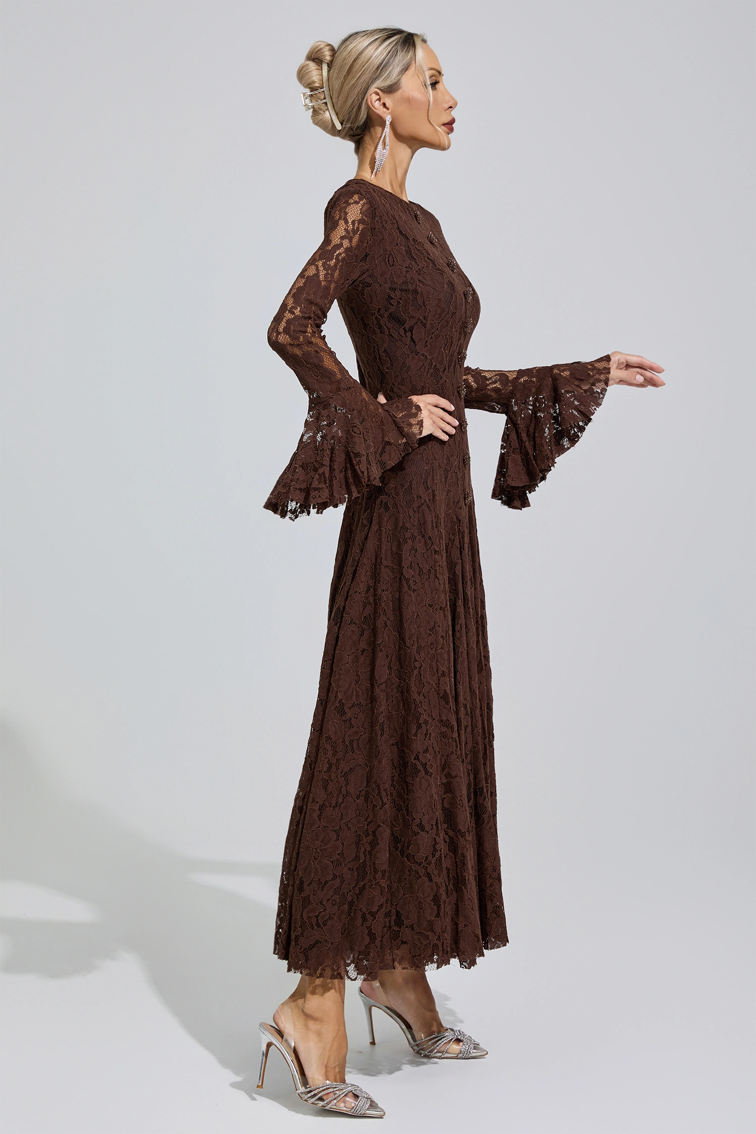 Elion Brown Bell Sleeve Lace Dress