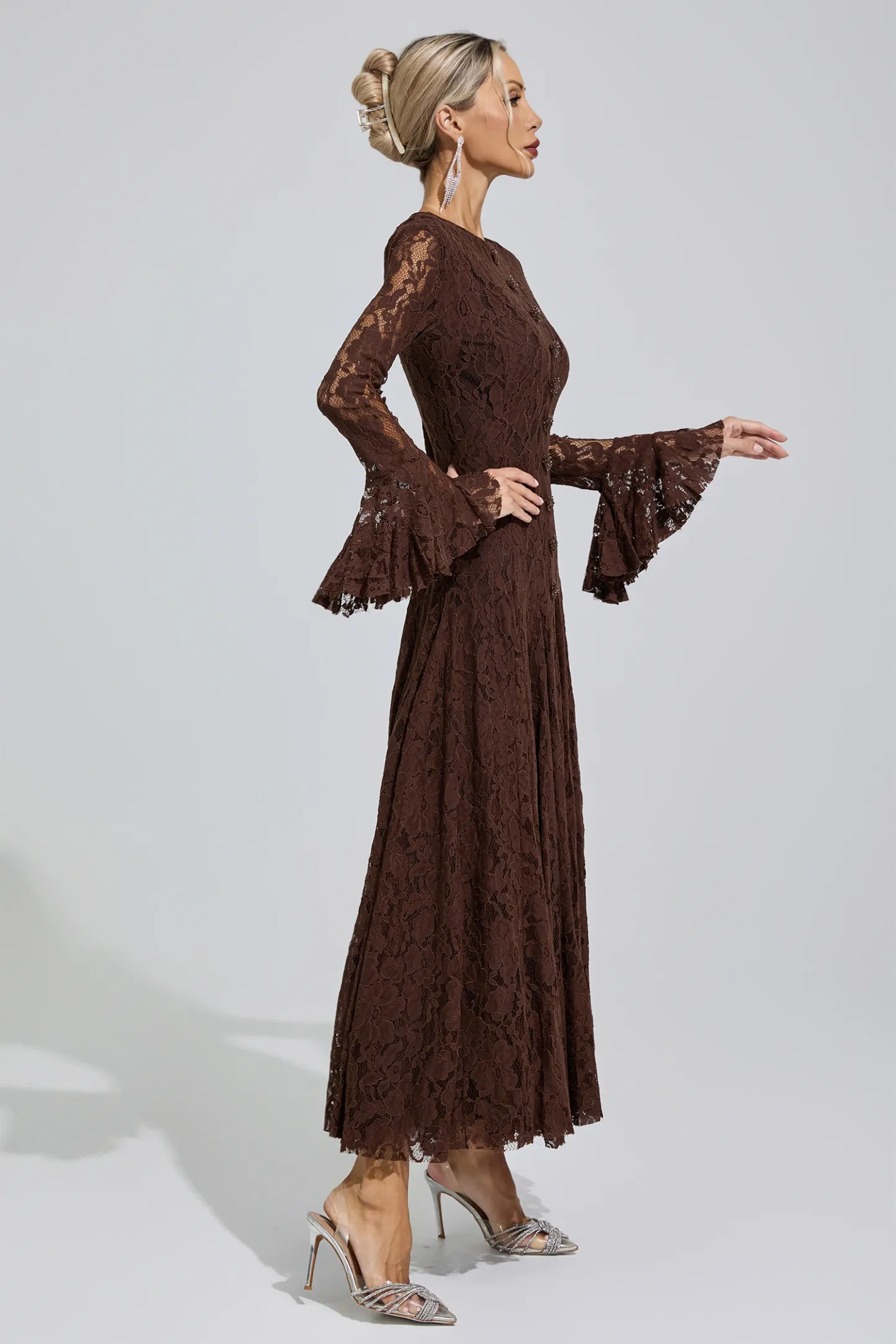 Elion Brown Bell Sleeve Lace Dress