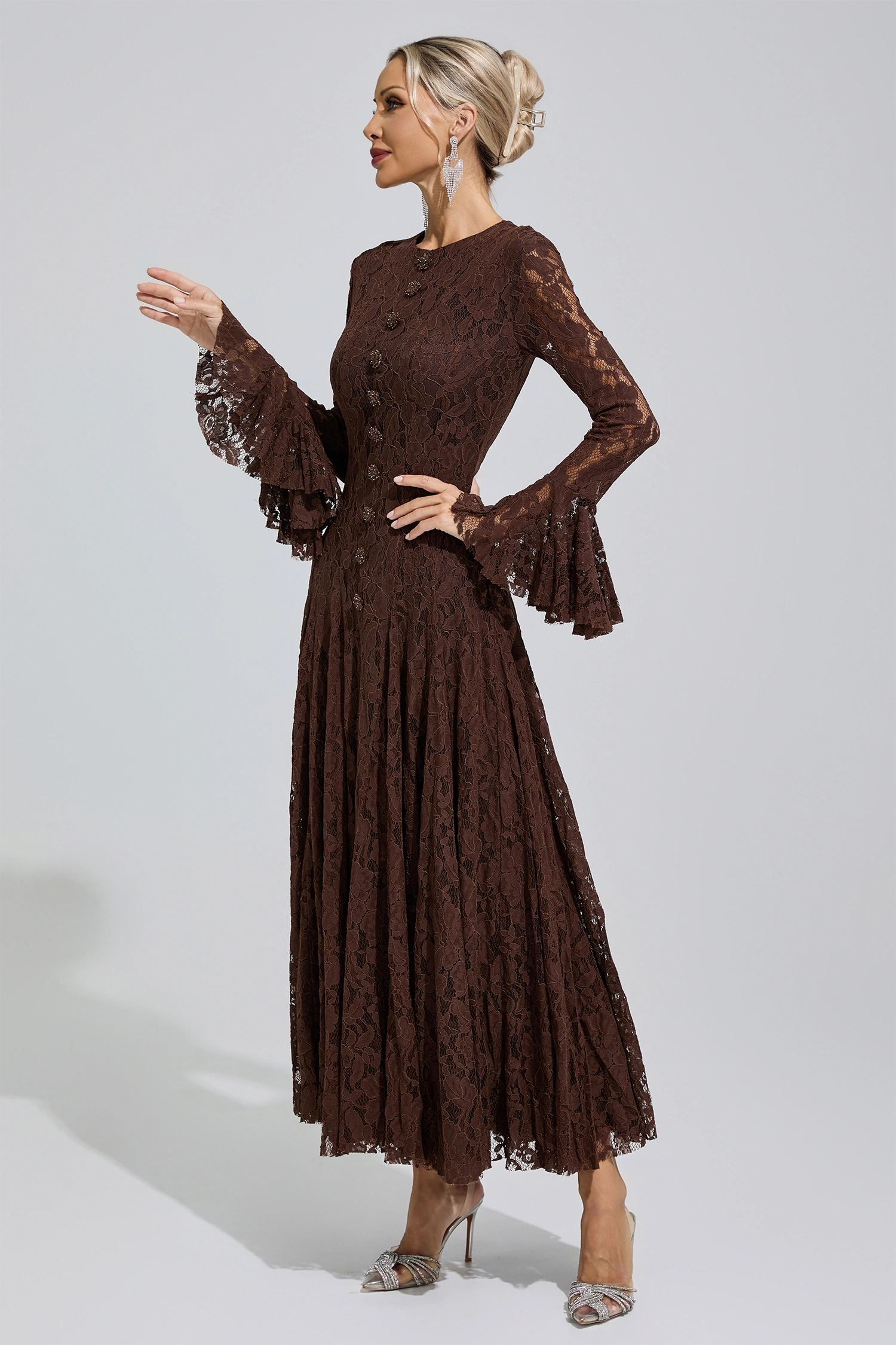Elion Brown Bell Sleeve Lace Dress