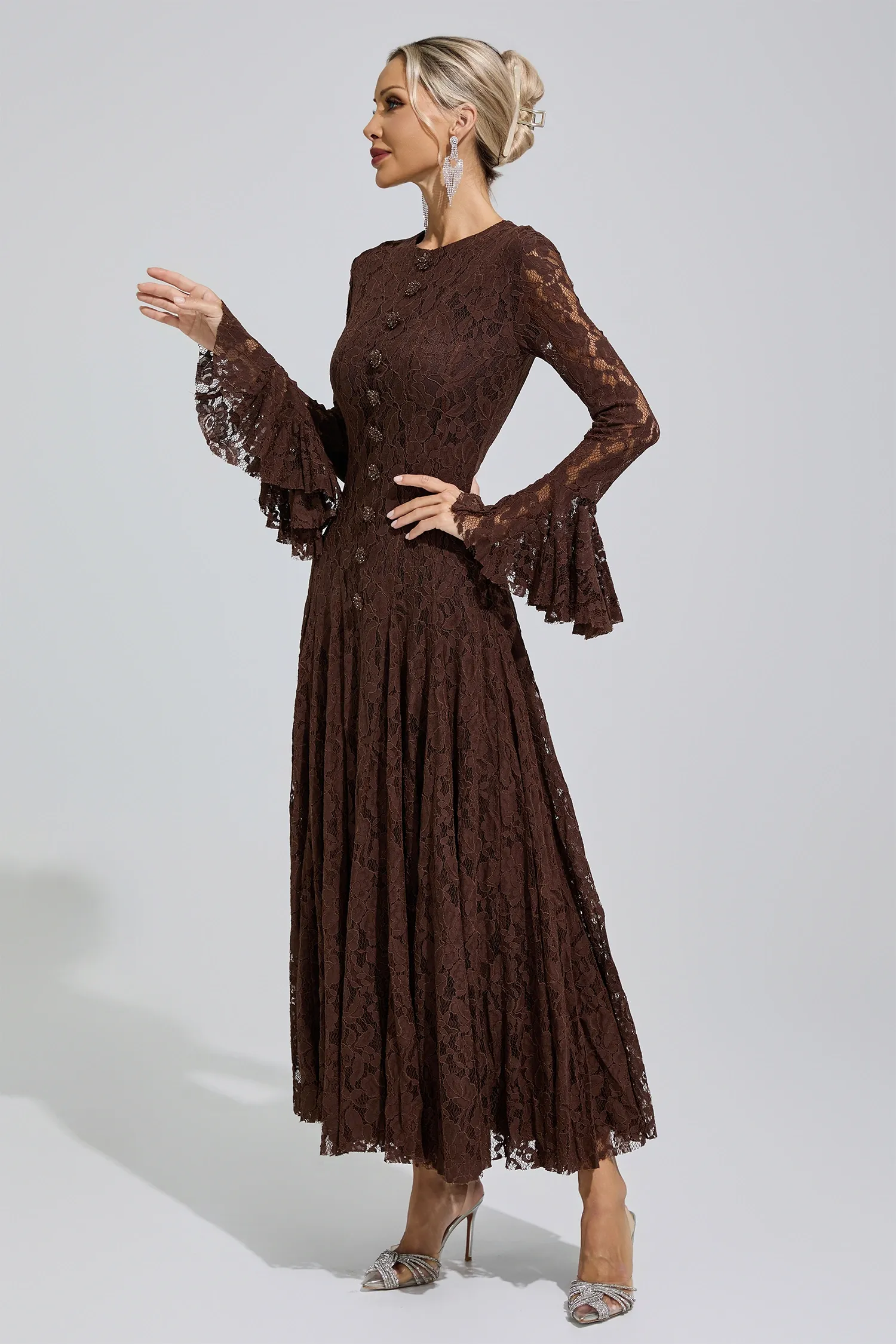 Elion Brown Bell Sleeve Lace Dress