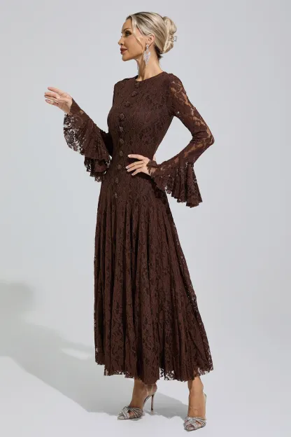 Elion Brown Bell Sleeve Lace Dress