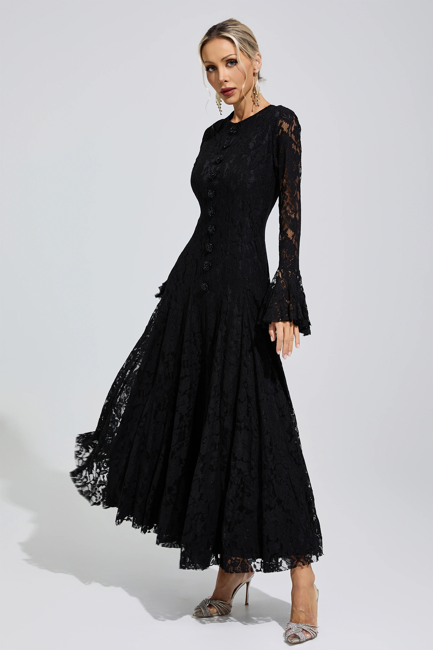 Elion Black Bell Sleeve Lace Dress
