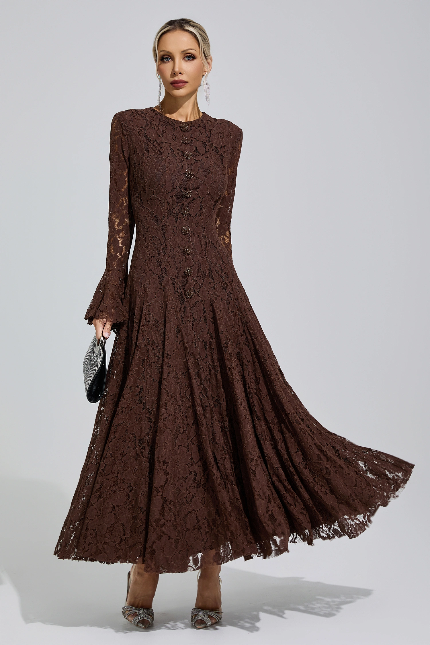 Elion Brown Bell Sleeve Lace Dress