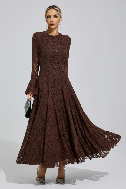 Elion Brown Bell Sleeve Lace Dress