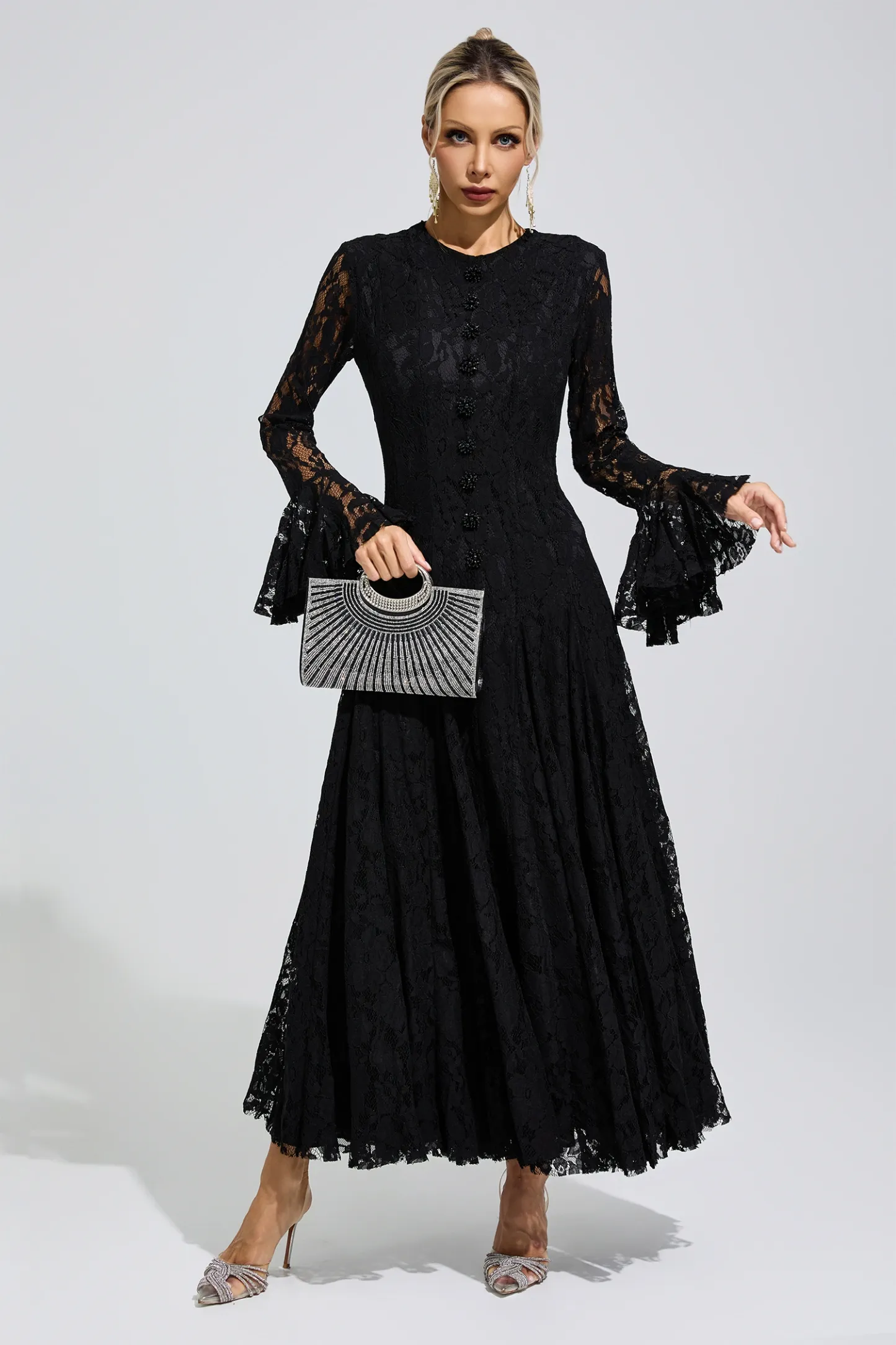 Elion Black Bell Sleeve Lace Dress