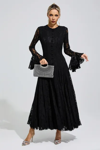 Elion Black Bell Sleeve Lace Dress