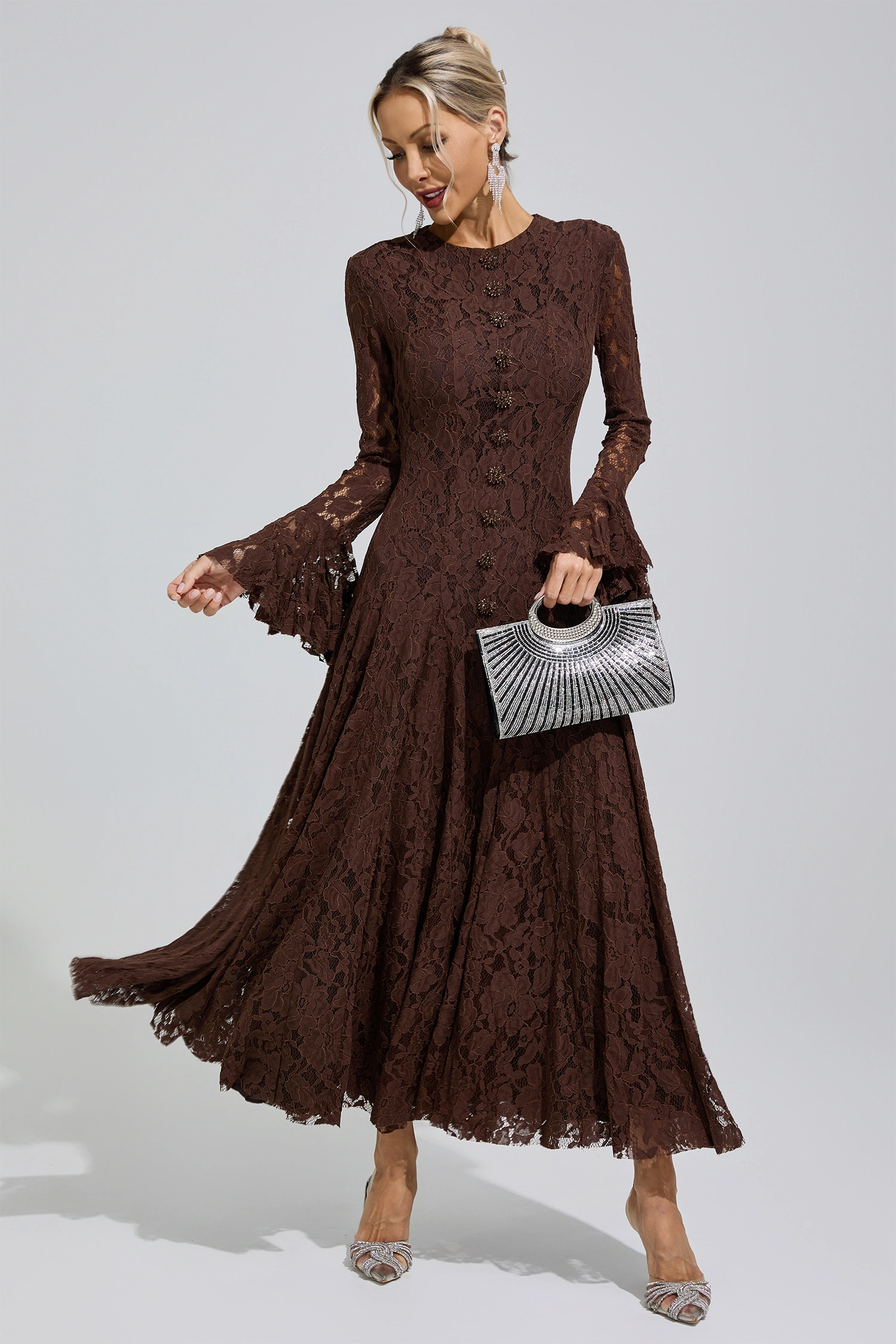 Elion Brown Bell Sleeve Lace Dress