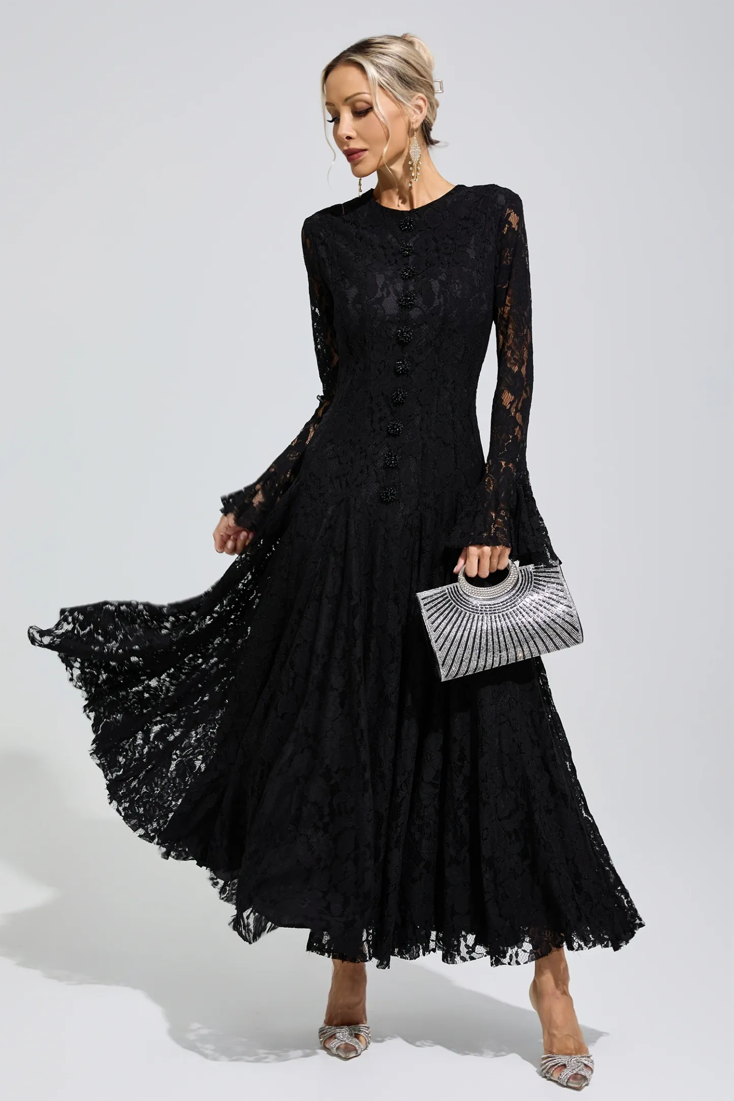 Elion Black Bell Sleeve Lace Dress