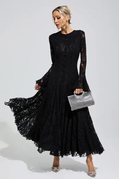 Elion Black Bell Sleeve Lace Dress