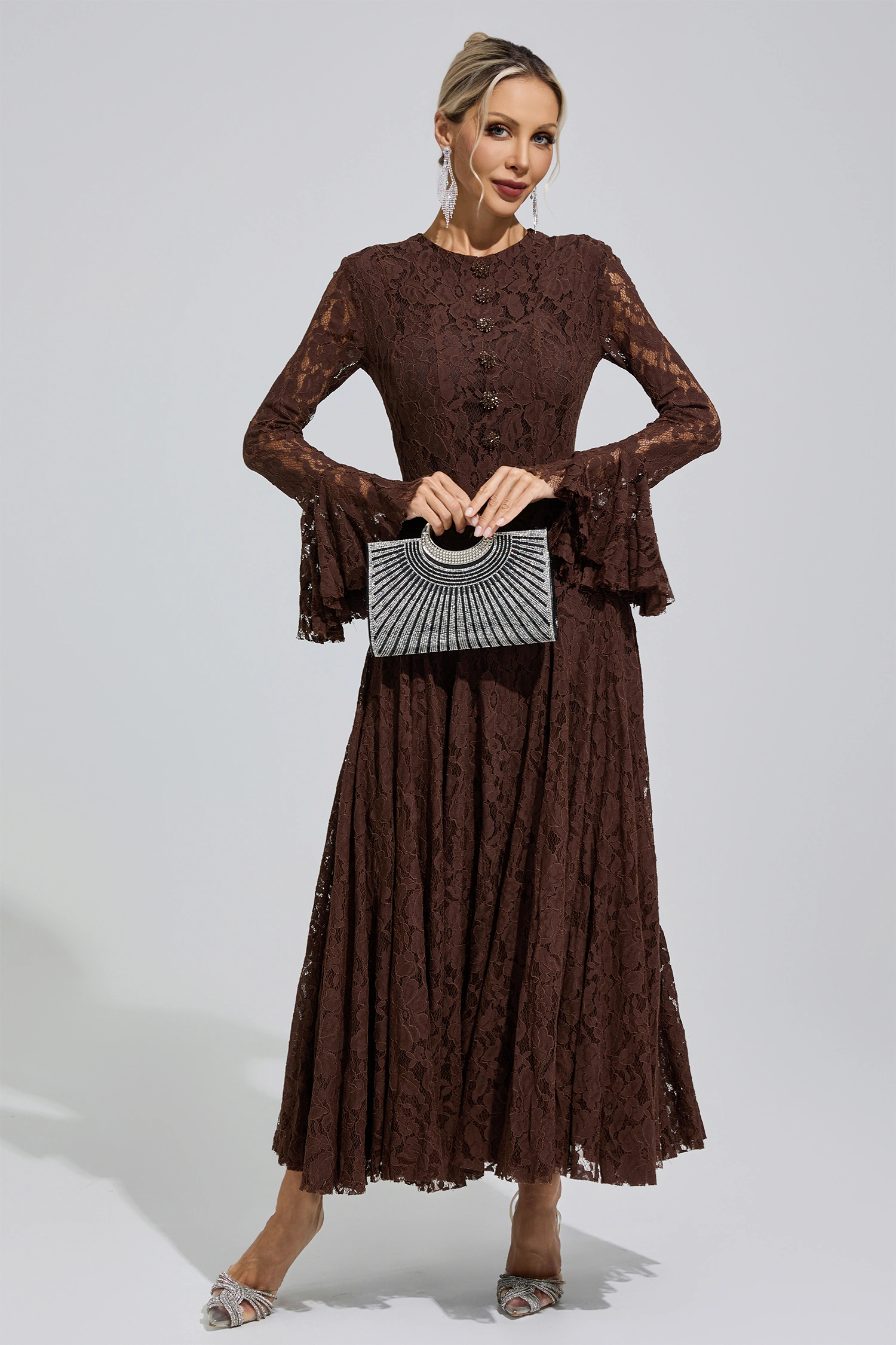 Elion Brown Bell Sleeve Lace Dress
