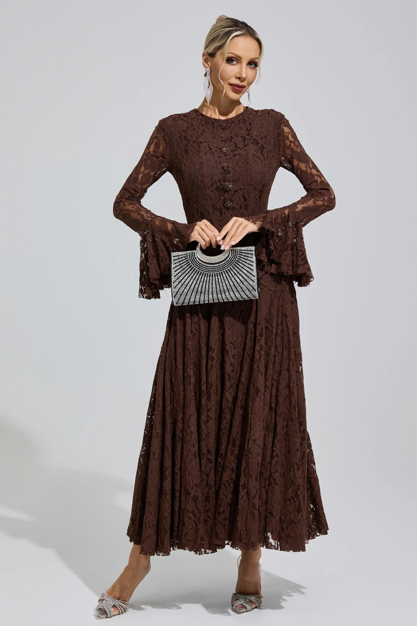 Elion Brown Bell Sleeve Lace Dress
