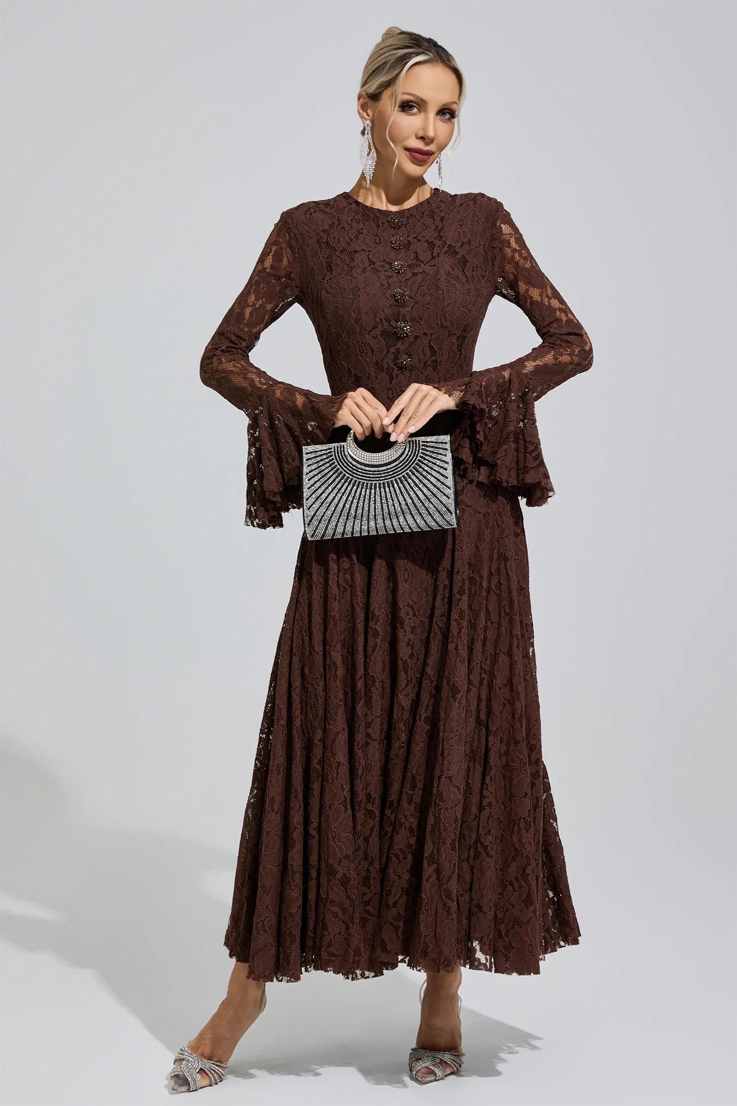 Elion Brown Bell Sleeve Lace Dress