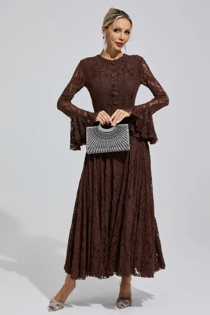 Elion Brown Bell Sleeve Lace Dress