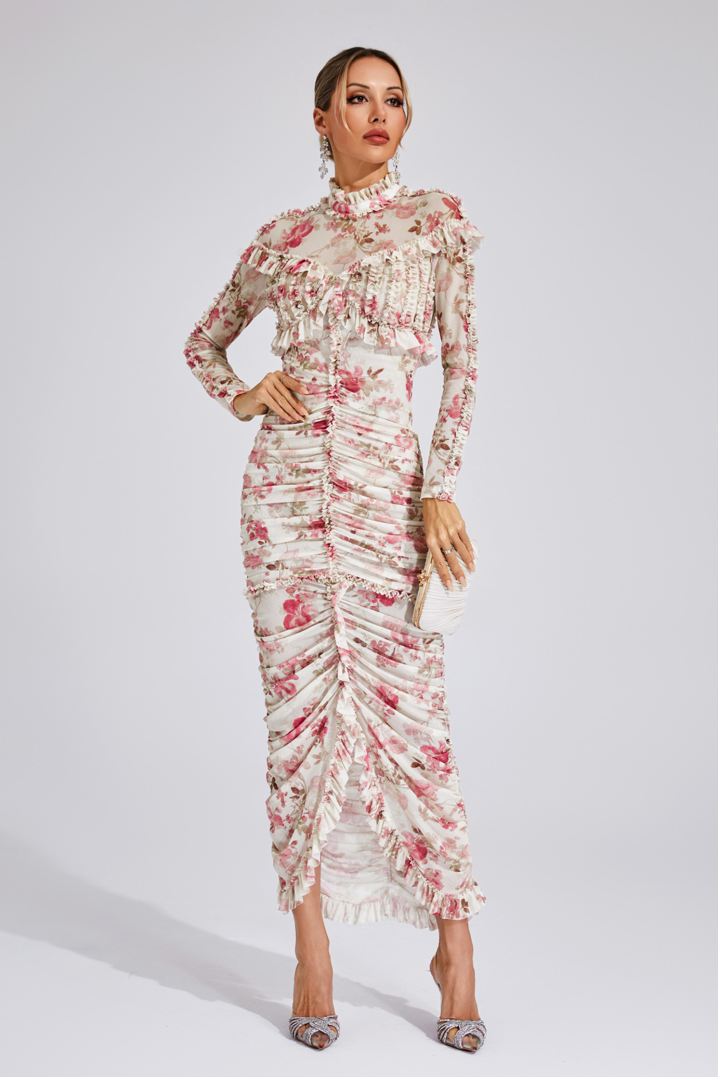 Nell Pink Ruched Floral Long Sleeve Dress