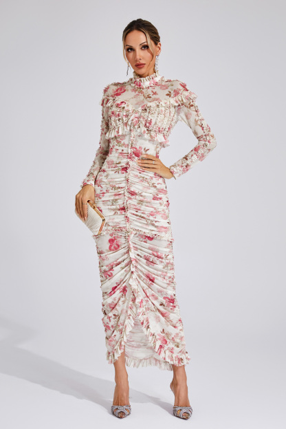 Nell Pink Ruched Floral Long Sleeve Dress