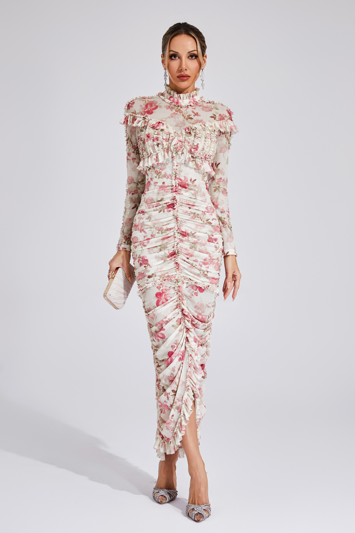 Nell Pink Ruched Floral Long Sleeve Dress