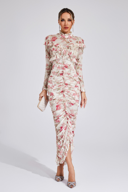 Nell Pink Ruched Floral Long Sleeve Dress