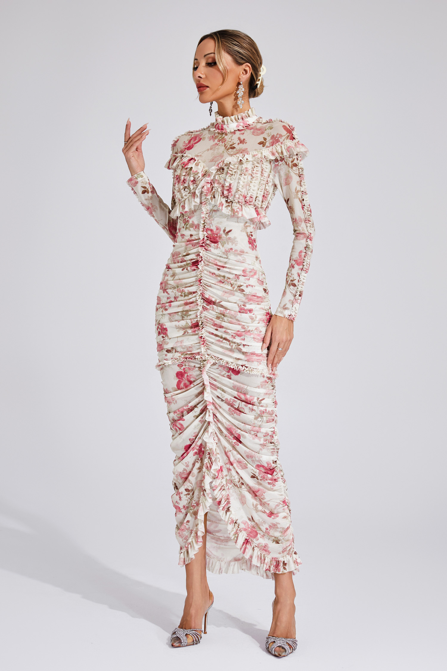 Nell Pink Ruched Floral Long Sleeve Dress