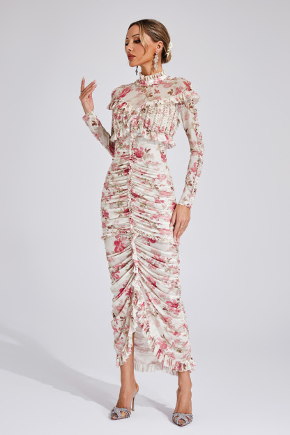 Nell Pink Ruched Floral Long Sleeve Dress