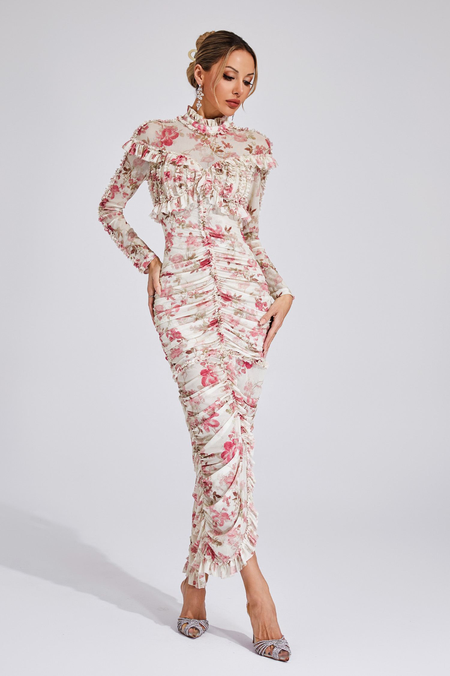 Nell Pink Ruched Floral Long Sleeve Dress