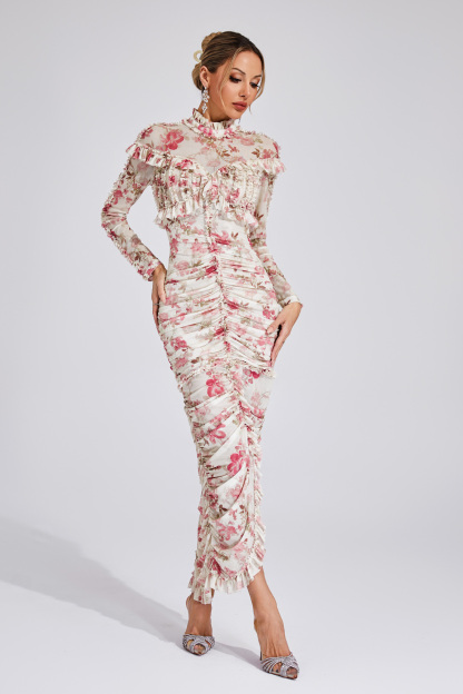 Nell Pink Ruched Floral Long Sleeve Dress