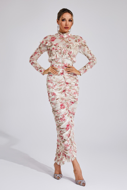 Nell Pink Ruched Floral Long Sleeve Dress