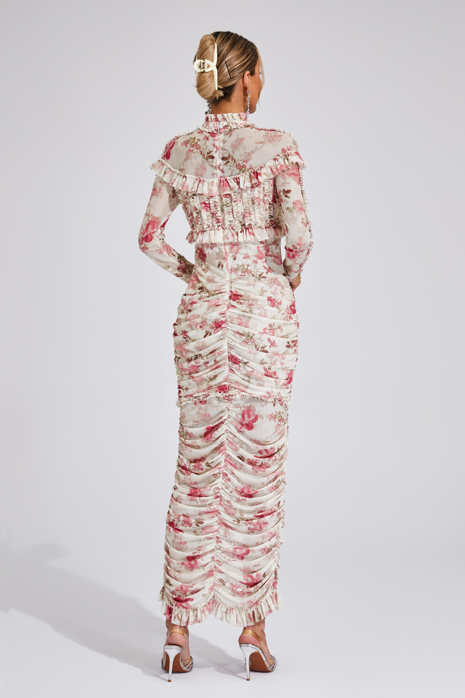 Nell Pink Ruched Floral Long Sleeve Dress
