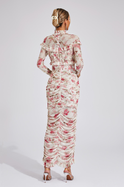 Nell Pink Ruched Floral Long Sleeve Dress
