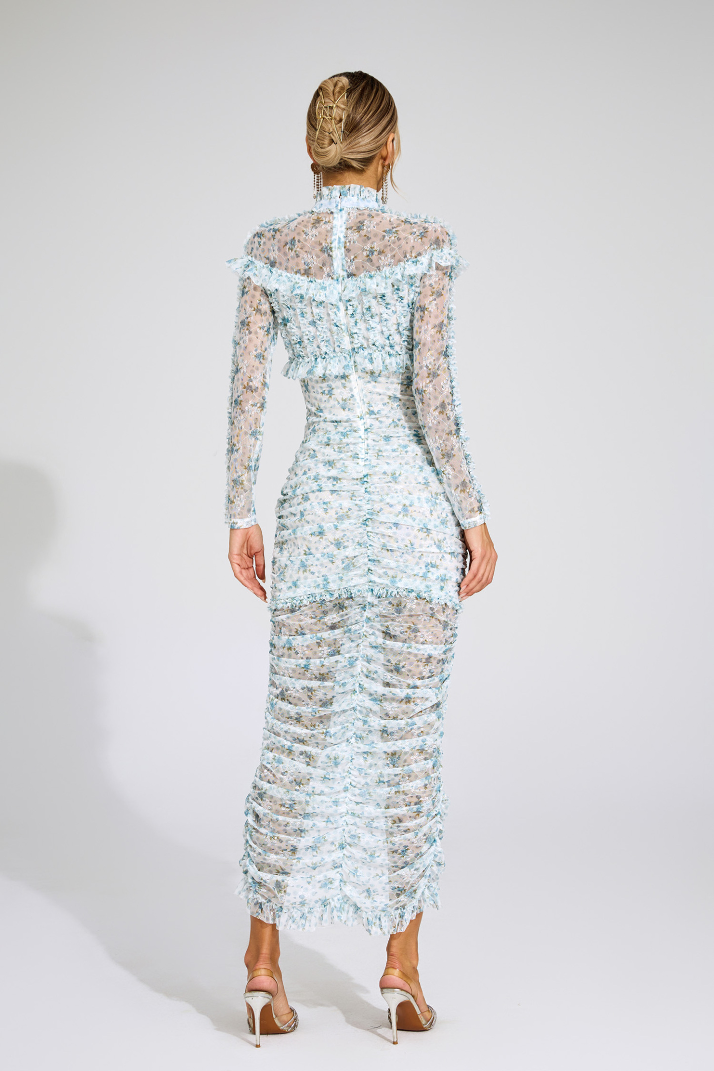 Nell Blue Ruched Floral Long Sleeve Dress